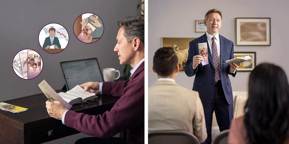Collage: 1. A brother prepares to conduct the meeting for field service. Insets show a variety of tracts, a news report, and a householder who turns down a tract. 2. The brother conducts the meeting for service the next day as he holds a tract and a Bible.