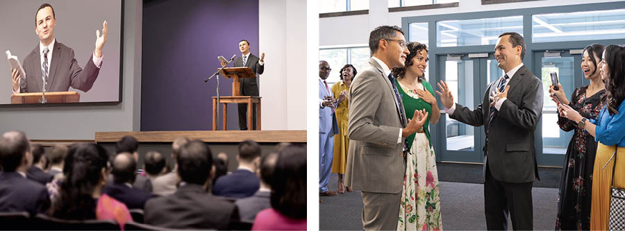Collage: 1. A brother gives a talk at an assembly. 2. The brother receives praise and attention from others, but he humbly refuses the glory.