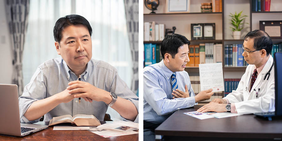 Collage: 1. A brother consults the Bible and Bible-based publications. 2. The brother talks with his doctor and shows him a medical directive card.