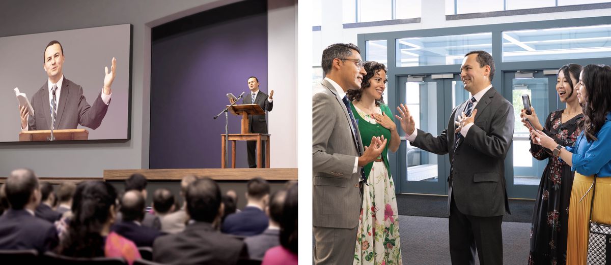 Collage: 1. A brother gives a talk at an assembly. 2. Later, the brother receives praise and attention from others, but he humbly refuses the glory.