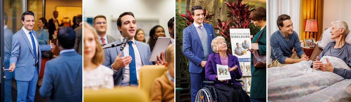Imágenes que muestran el progreso espiritual de un hermano. 1. El hermano saluda a los que llegan al Salón del Reino. 2. Comenta en una reunión. 3. Predica con el carrito junto a una hermana que va en silla de ruedas. 4. Visita a un hermano mayor que está enfermo.
