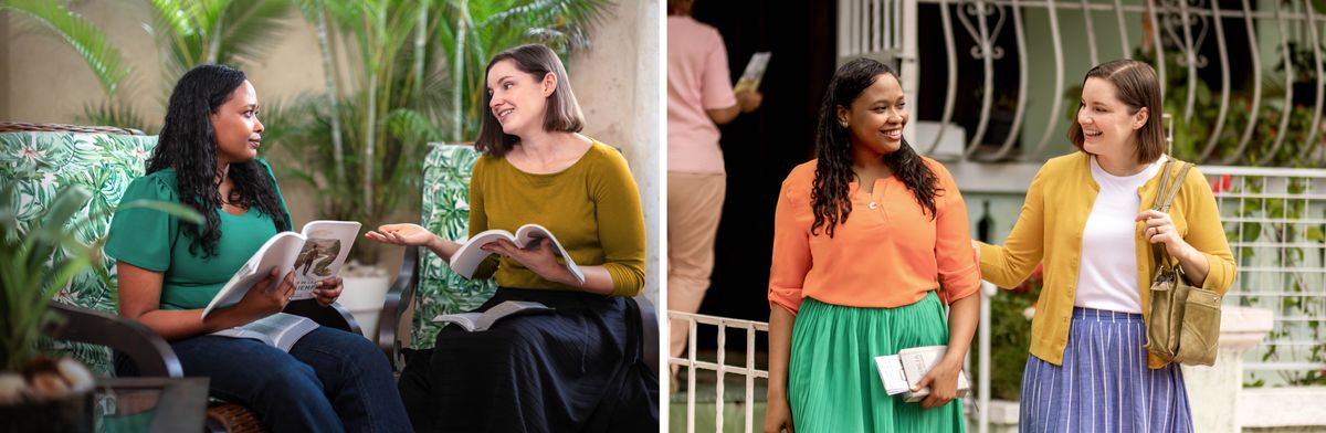 Serie de imágenes: 1. Una hermana disfruta dando clases de la Biblia a otra mujer. 2. Tiempo después, la hermana y su estudiante predican juntas muy felices.