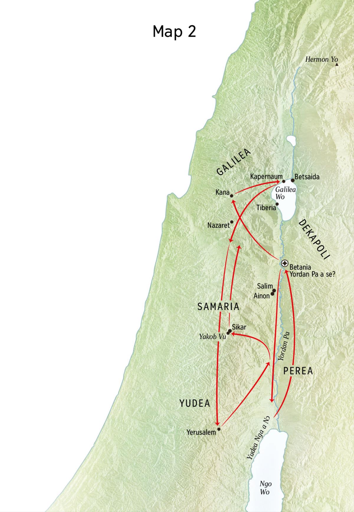 Map nɛ tsɔɔ hehi nɛ Yesu ya nɛ Yordan Pa a kɛ Yudea hu piɛɛ he