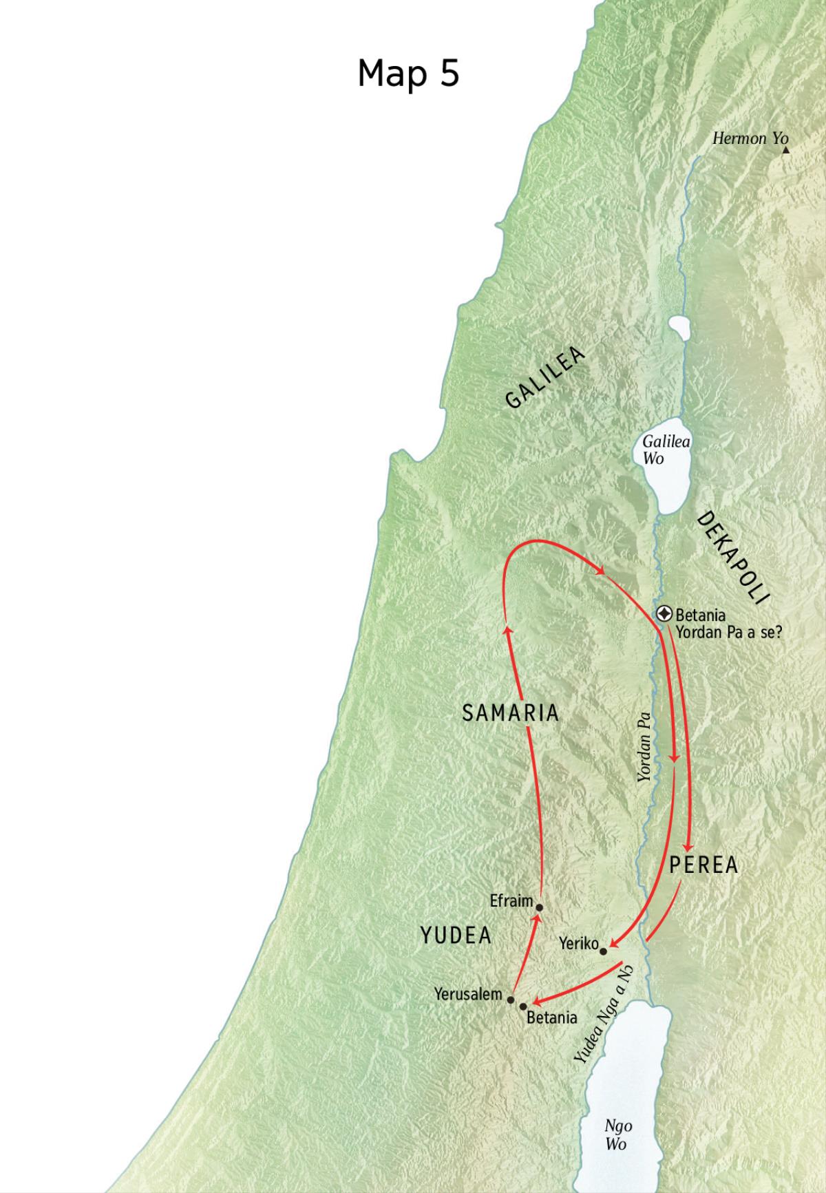 Map nɛ tsɔɔ hehi nɛ Yesu fiɛɛ ngɛ ngɛ Betania, Yeriko, kɛ Perea