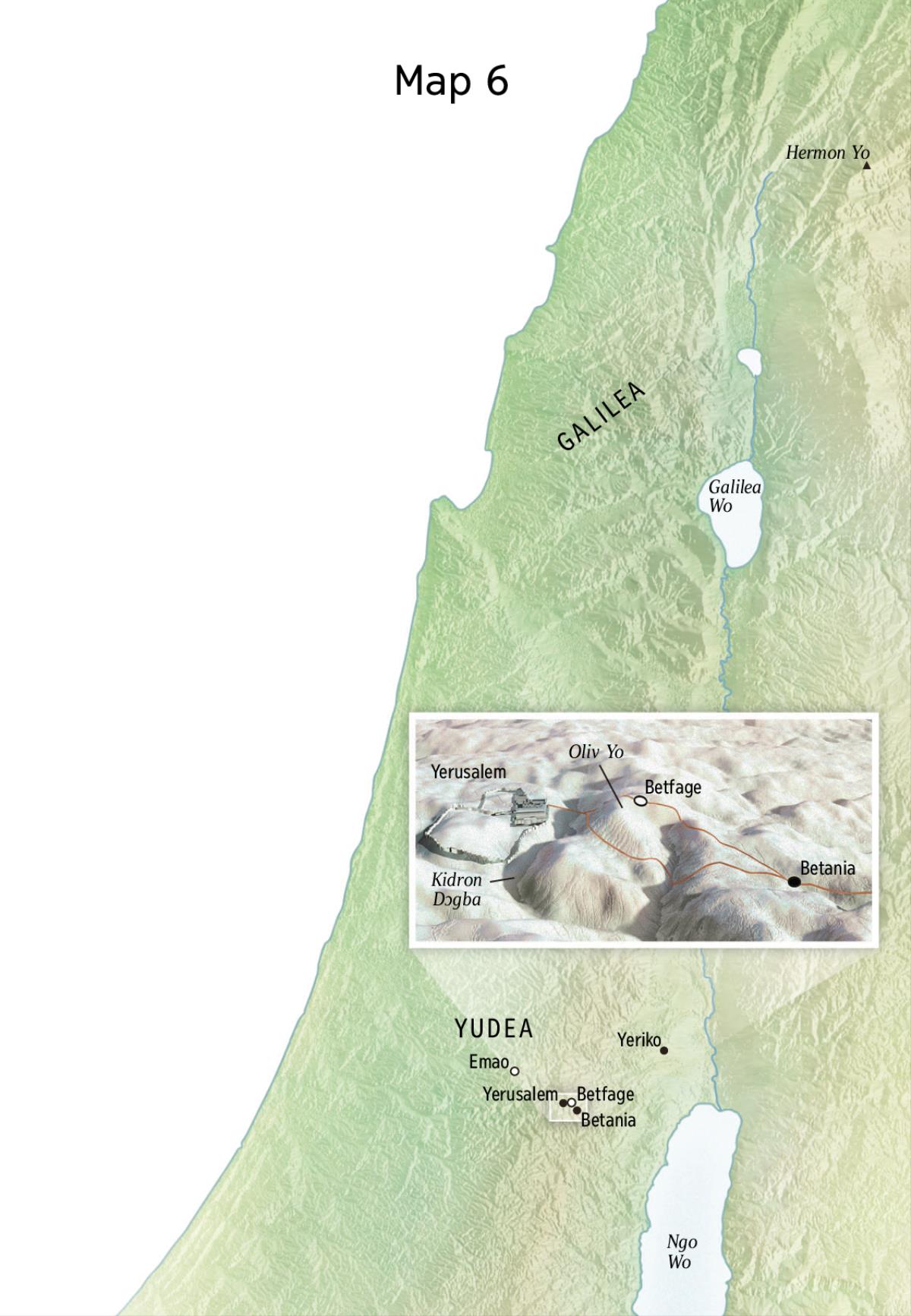 Map nɛ tsɔɔ hehi nɛ Yesu tsu e nyagbe fiɛɛmi ní tsumi ɔ ngɛ ngɛ Yerusalem, Betania, Betfage, kɛ Oliv Yoku ɔ nɔ