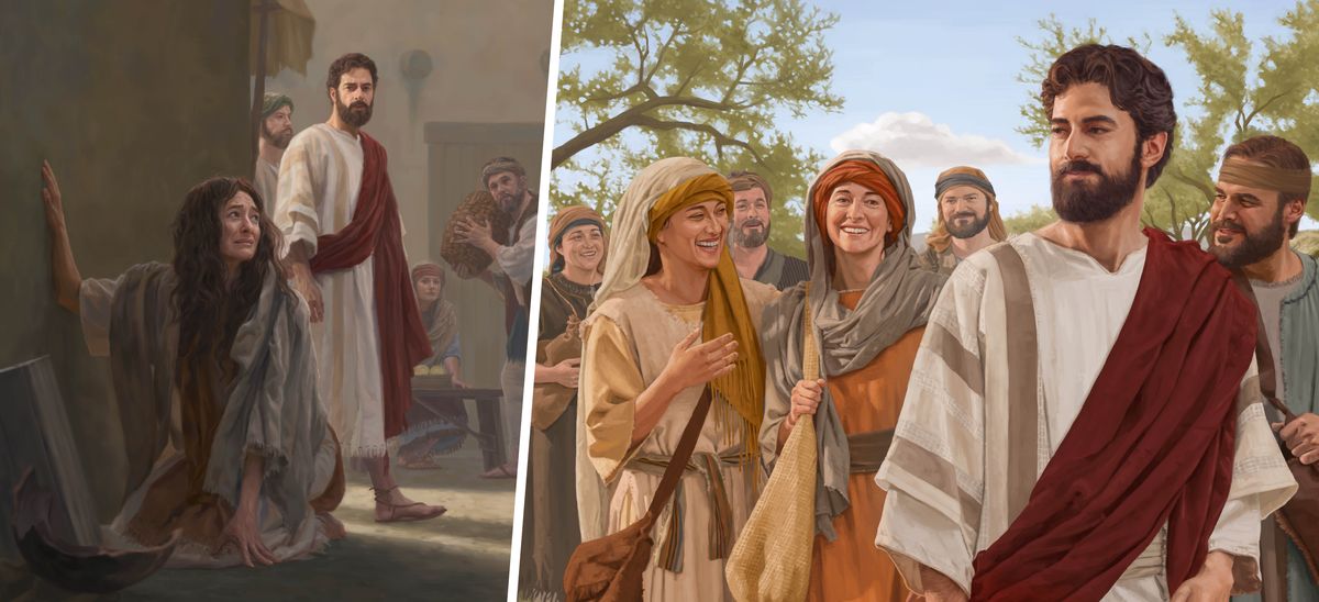 ሥዕሎች፦ 1. መግደላዊቷ ማርያም ሰወር ያለ ቦታ ላይ በጭንቀት ተውጣ ተንበርክካ ሳለ ኢየሱስ ይመለከታታል። 2. መግደላዊቷ ማርያም ከኢየሱስና ከሌሎቹ ደቀ መዛሙርቱ ጋር አብራ በደስታ ስትጓዝ።