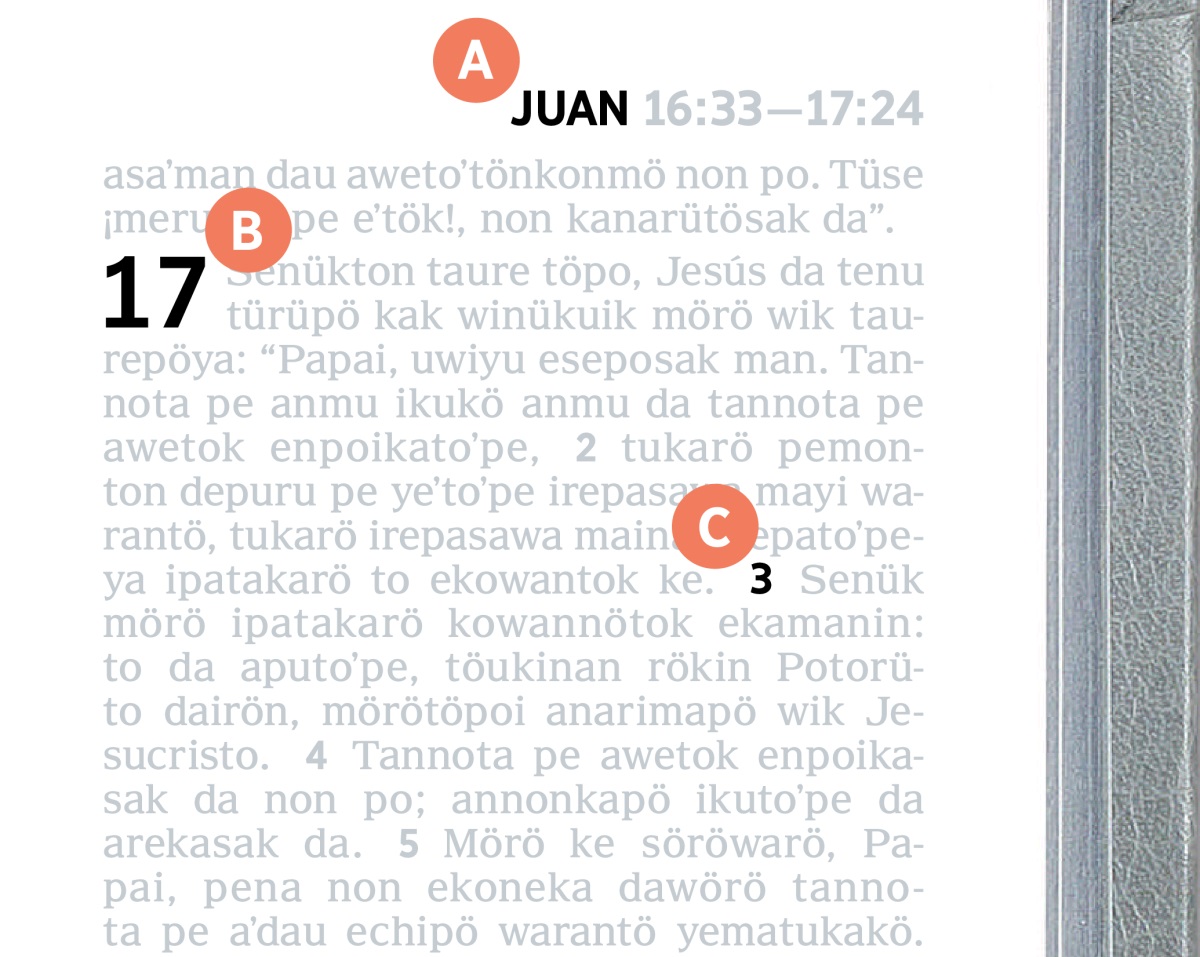 Etiquetaton A, B, mörötöpoi C da Biblia páginayi darün ekama.