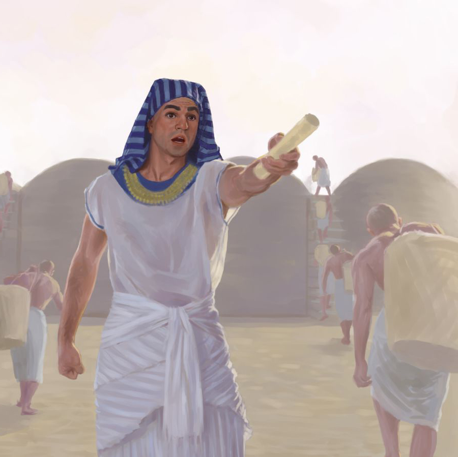 يوسف يعطي تعليمات للعمال الذين يجمعون الطعام