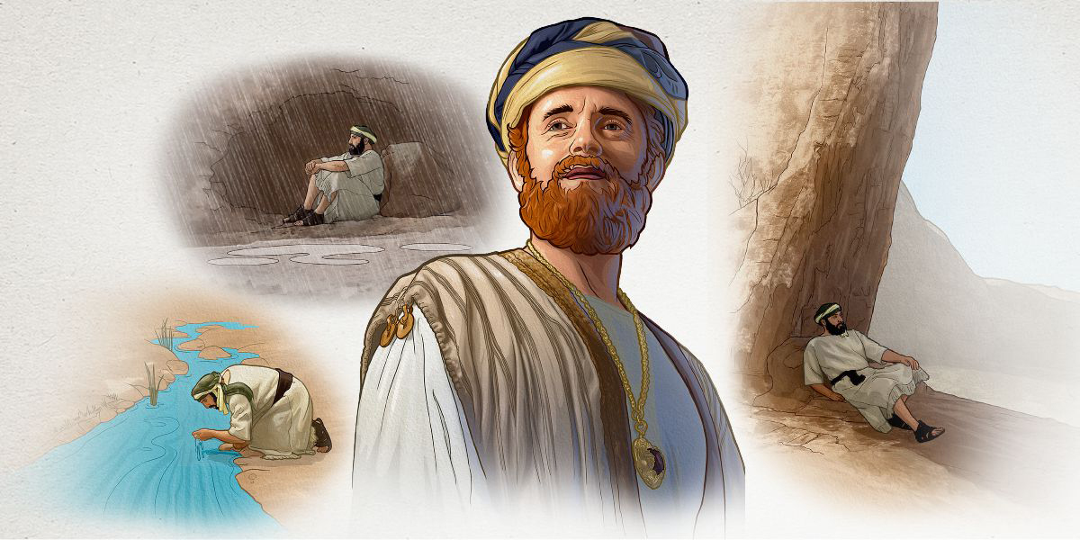 رجل يختبیٔ من العاصفة،‏ يشرب من جدول ماء،‏ ويستريح في ظل صخرة.‏