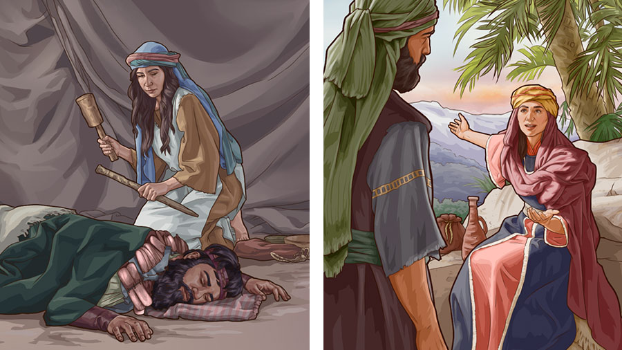 ١-‏ دبورة جالسة تحت شجرة نخيل تشجع باراق ان يساعد شعب اللّٰه.‏ ٢-‏ ياعيل ممسكة وتد خيمة ومطرقة تقترب من سيسرا المستغرق في النوم