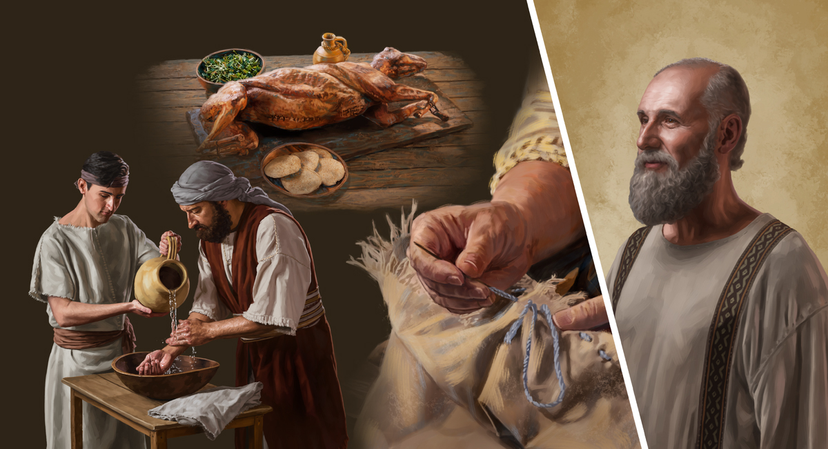 مجموعة صور:‏ الرسول بولس وثلاثة من ‹أعمال شريعة› موسى:‏ ١-‏ شخص يخيِّط خيوطًا زرقاء على طرف ثوبه.‏ ٢-‏ وجبة الفصح المكوَّنة من خروف مشوي،‏ خبز بلا خميرة،‏ وأعشاب مُرة.‏ ٣-‏ رجل يغسل يديه فيما يسكب له رجل آخر الماء عليهما