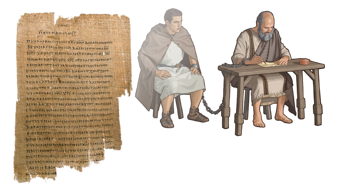 مجموعة صور:‏ ١-‏ الرسول بولس يكتب رسالة فيما هو مقيَّد بسلسلة مع جندي روماني.‏ ٢-‏ جذاذة من رسالة بولس إلى أهل أفسس