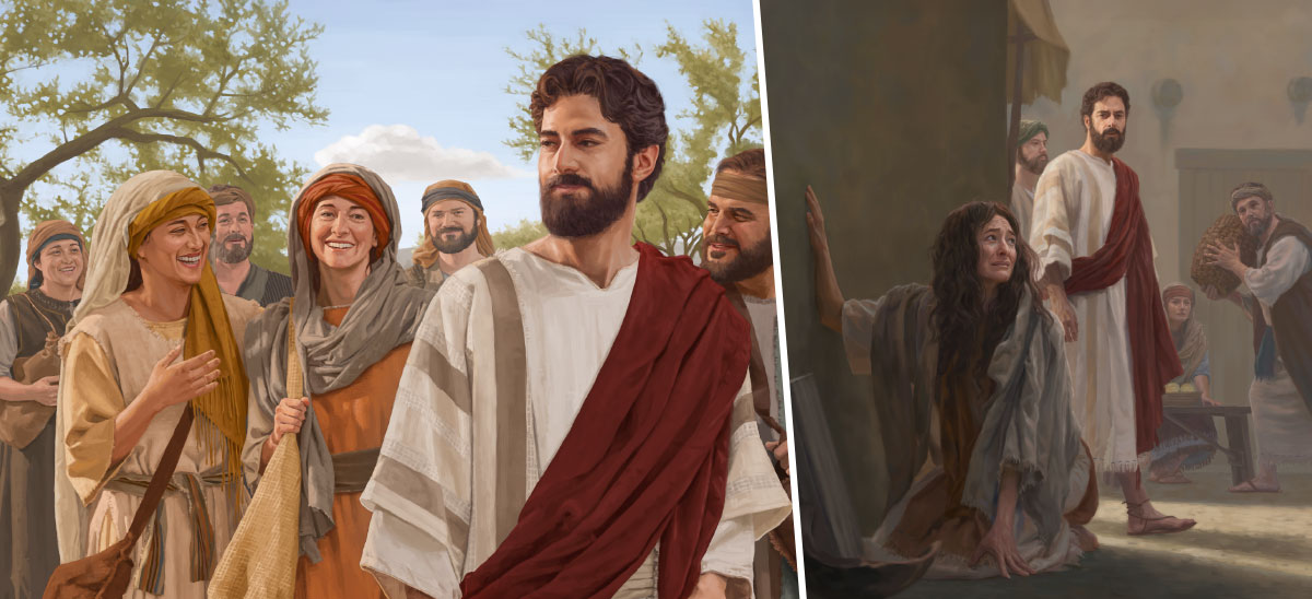 مجموعة صور:‏ ١-‏ يسوع يلاحظ مريم المجدلية يائسة وهي راكعة على الأرض في جانب مظلم من الشارع.‏ ٢-‏ مريم المجدلية ترافق يسوع وتلاميذه وتبدو فرحانة
