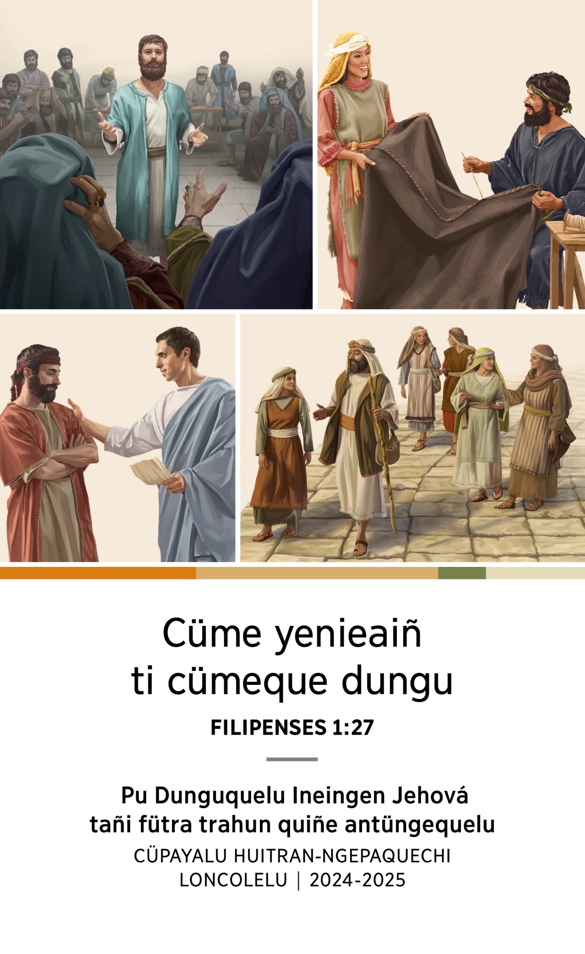 Fillque adentun: 1. Esteban quimfalcünui tañi feyentuqueel Sanedrin mu. 2. Áquila engu priscila deumamequei quiñe tolto ruca. 3. Felipe petu trecalei tañi domo ca ñi meli ñahue engün. 4. Tito petu trecalei quiñe füchache engu.