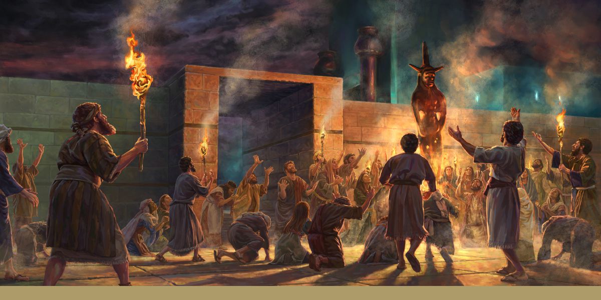 Judíos apóstatas adorando en la oscuridad una imagen idolátrica en la puerta norte del templo de Jerusalén.