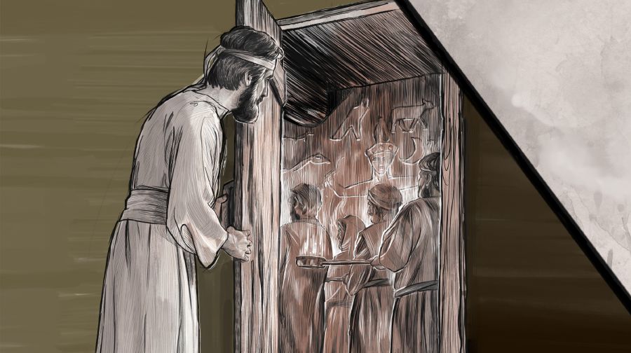 Ezequiel asomándose a un cuarto del patio interior del templo, donde hay ancianos ofreciéndoles incienso a imágenes de dioses falsos grabadas en la pared.
