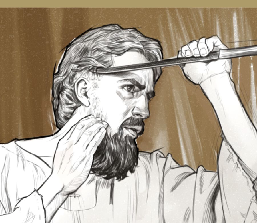 [Ilustración]Ezequiel afeitándose la cabeza.