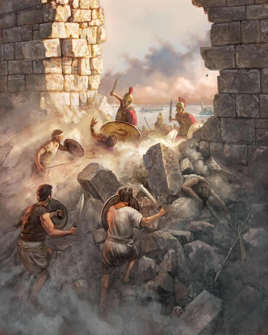 [Ilustración a toda plana de la página 79]Soldados griegos luchando en una brecha que abrieron en la muralla de la parte insular de la ciudad de Tiro.