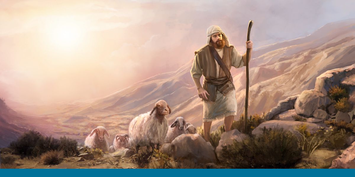 Un pastor guiando a sus ovejas por el desierto.