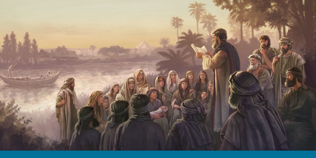 Hombres, mujeres y niños judíos escuchando la lectura de un rollo junto a un río; con la ciudad de Babilonia al fondo.