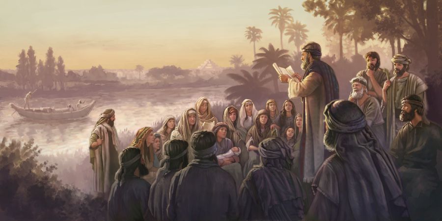 Hombres, mujeres y niños judíos escuchando la lectura de un rollo junto a un río; con la ciudad de Babilonia al fondo.