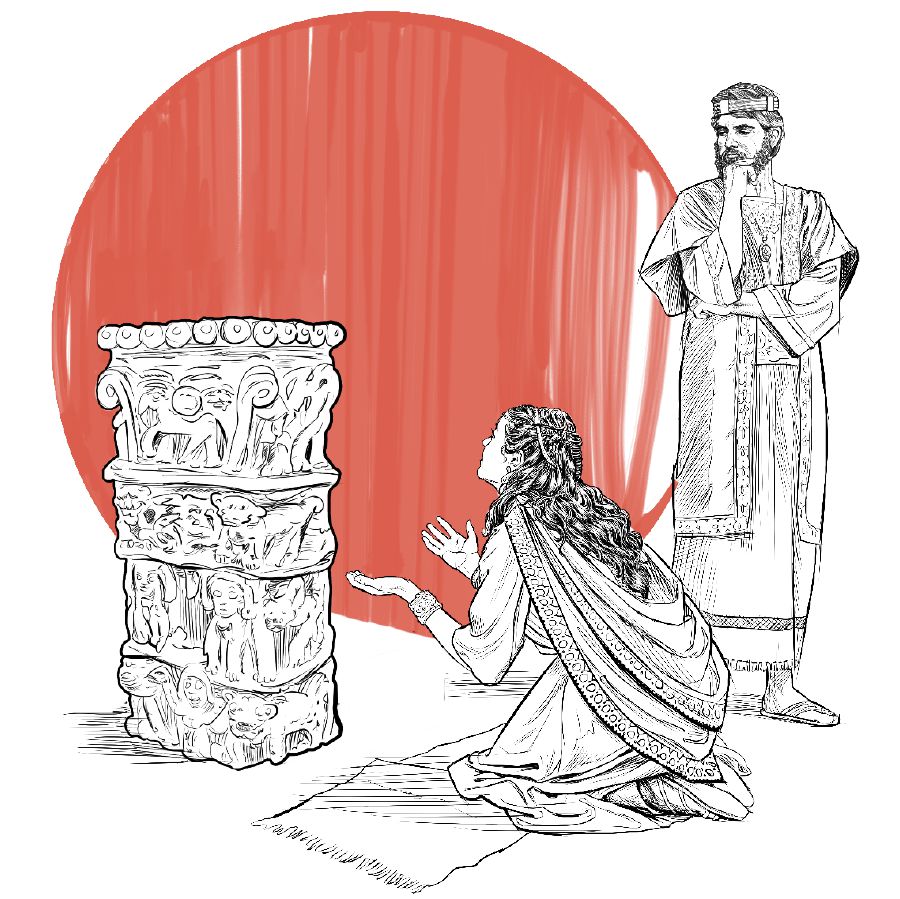 Salomón mirando a una de sus esposas, que está de rodillas adorando un ídolo.