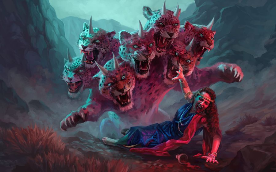 La bestia salvaje de color rojo escarlata con siete cabezas y diez cuernos atacando a la gran prostituta.