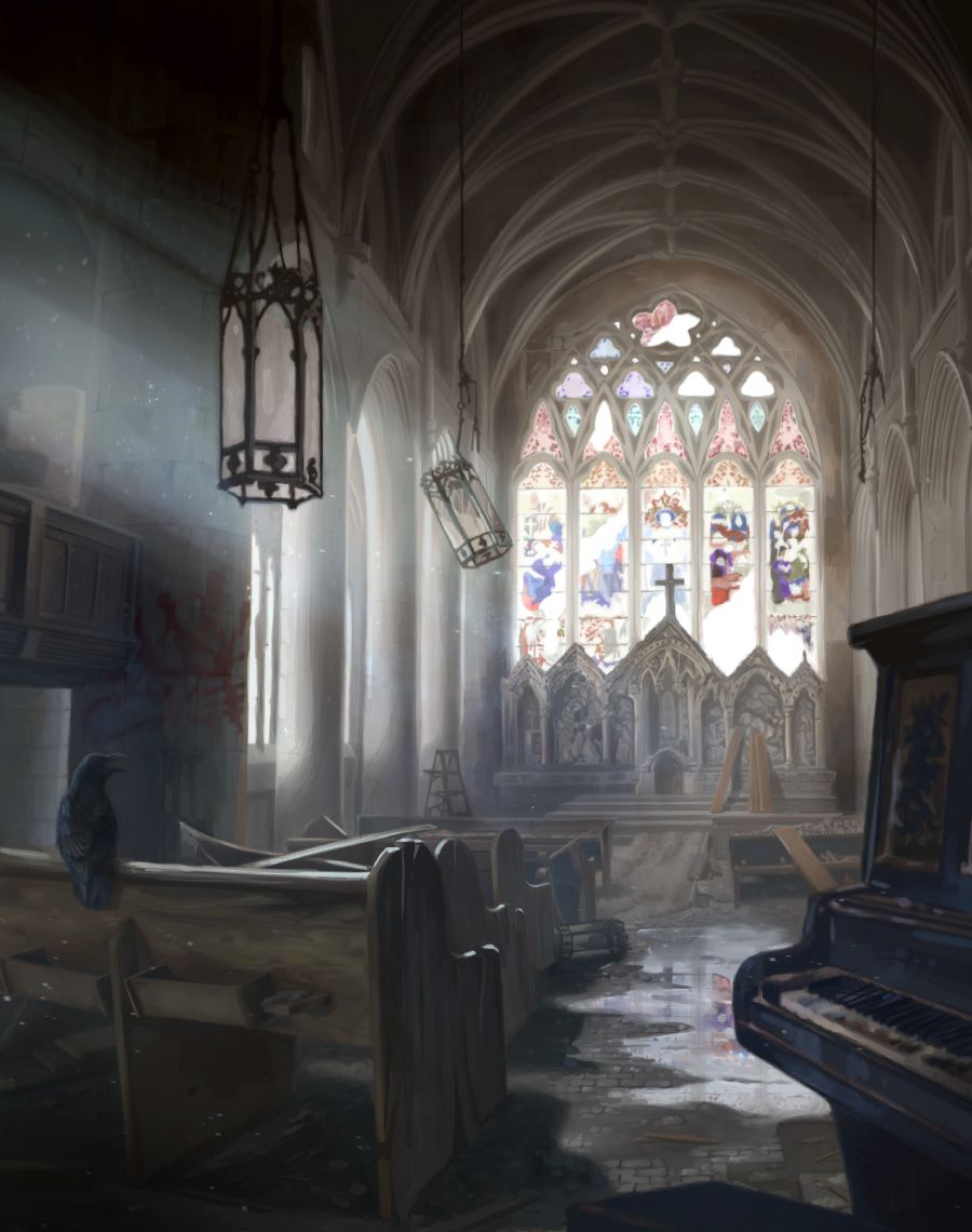 Interior de una iglesia que ha sufrido actos vandálicos. Los muebles están destrozados, las ventanas y las lámparas están rotas, y hay grafitis en las paredes.