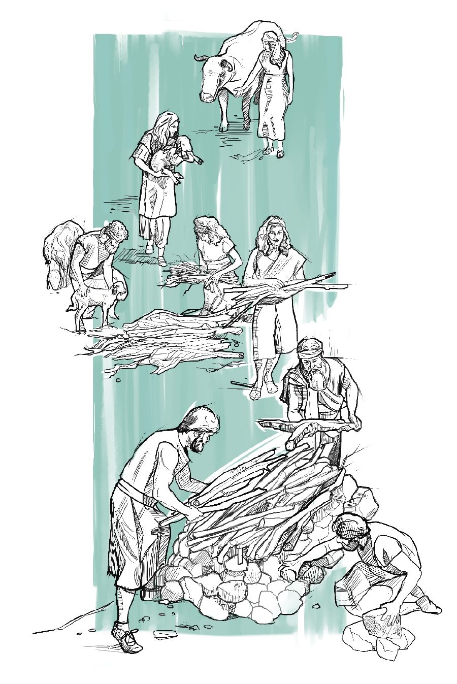 Noé y su familia juntando animales y construyendo un altar para ofrecer sacrificios.