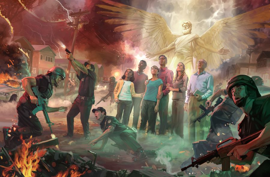 Un vecindario durante el Armagedón. Policías en las calles atacándose unos a otros con armas de fuego mientras el ángel de Jehová protege a un grupo de siervos de Dios.