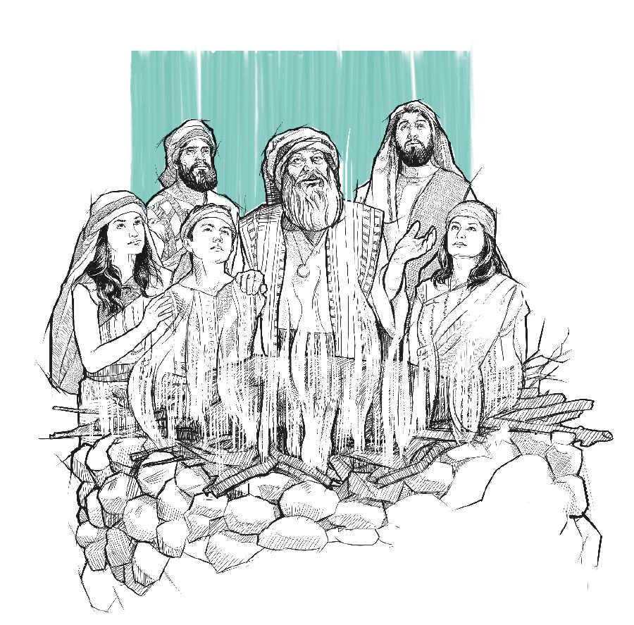 Jacob y su familia ofreciendo un sacrificio en un altar.