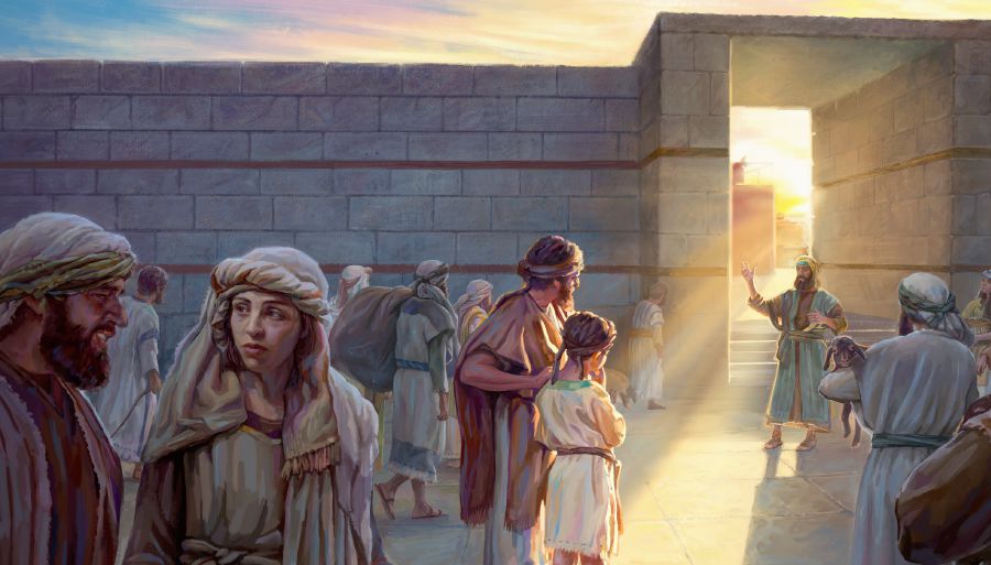 Ezequiel y su padre escuchando al profeta Jeremías en el templo.