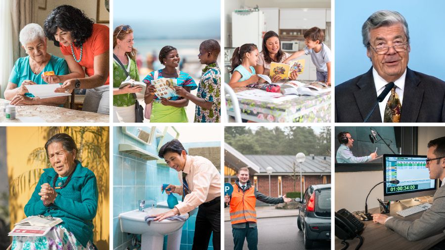 Imágenes del pueblo de Dios de la actualidad: 1. Una hermana ayudando a su anciana madre con las medicinas. 2. Una misionera capacitando a una publicadora más joven en la predicación. Están predicando cerca de la playa. 3. Una madre soltera dándoles clases de la Biblia a su niño y su niña. 4. Gerrit Lösch dirigiendo la adoración matutina para la familia Betel. 5. Una hermana mayor orando. Sobre las piernas tiene una Biblia y una lista con nombres de hermanos que están en prisión. 6. Un hermano limpiando un lavabo en un Salón del Reino. 7. Un hermano dirigiendo el tráfico en el estacionamiento de un Salón de Asambleas. 8. Hermanos trabajando en un estudio de grabación de una Oficina Remota de Traducción.