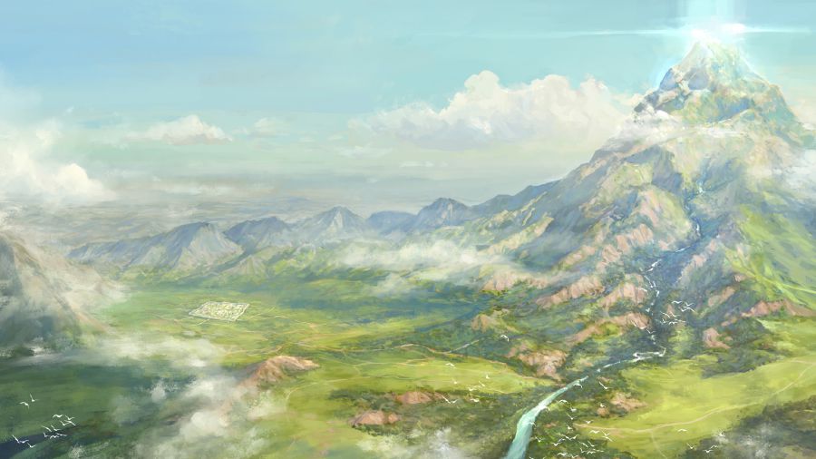 Vista aérea de una porción de la tierra llamada “la contribución entera” y de la ciudad llamada “Jehová Está Allí”. El templo de la visión de Ezequiel resplandeciendo por la gloria de Dios; está situado en la cima de una montaña muy alta por la que fluye un río.