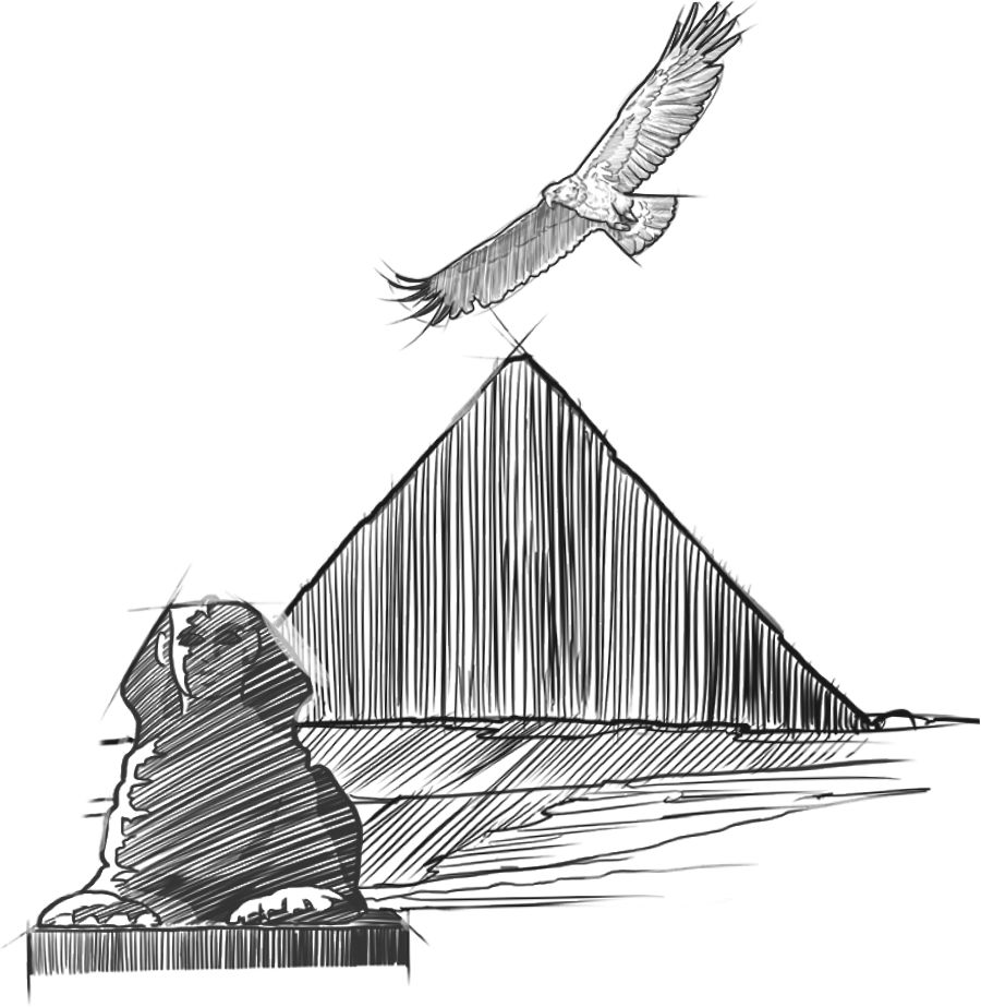 Un águila sobrevolando una pirámide y una esfinge.