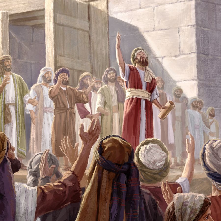 Esdras y otros hombres enseñándole al pueblo las leyes de Jehová.