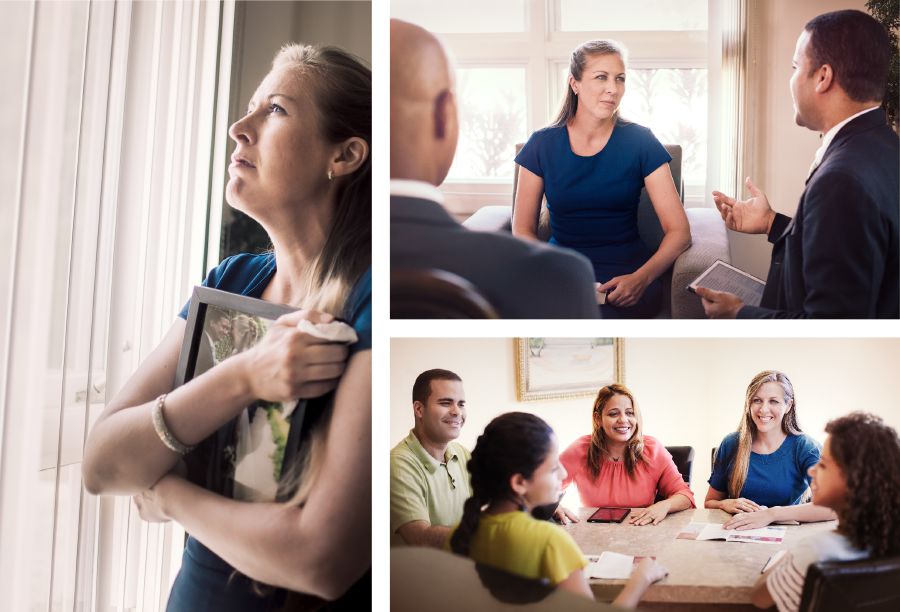 Serie de imágenes que demuestran que nunca estaremos fuera del alcance del amor leal de Jehová: 1. Una Testigo viuda mirando por una ventana mientras abraza la foto de su boda. 2. Dos ancianos animando a esa hermana. 3. La misma hermana estudiando con una familia que la invitó a su adoración en familia.