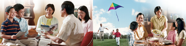 Parents have a family Bible study with their children, enjoy outdoor recreation with them, and have a meal with them
