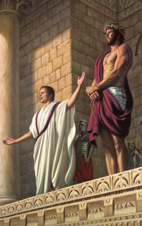 Pontius Pilate presents Jesus to the hostile crowd—Jesus is decked in a purple robe and wears a crown of thorns