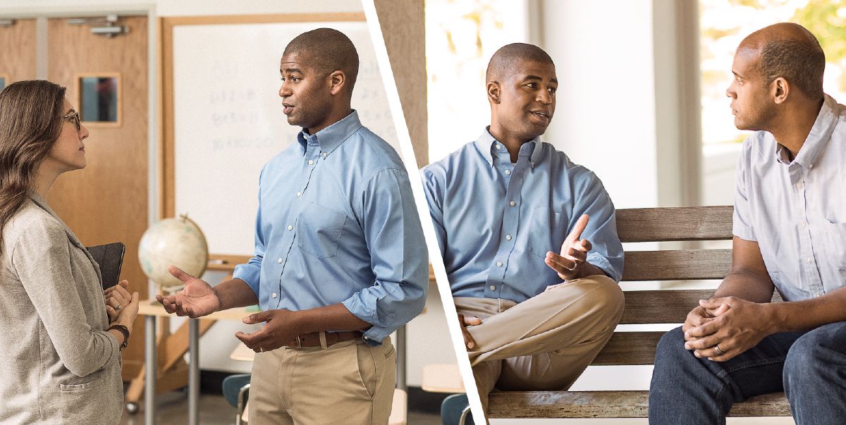 A father talks to his son’s teacher; a father talks to the other child’s father