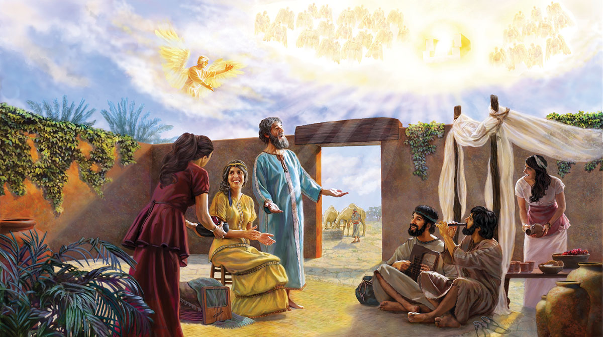 Job, his wife, and children enjoy a happy life; Satan enters in among a gathering of faithful angels in heaven