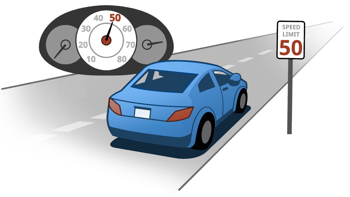 A car driving on a road. On the side of the road is a speed limit sign marked “50.” An inset of the car’s speedometer shows the car is traveling at a speed of 50.