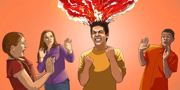 A teenage boy’s friends back away as he loses his temper