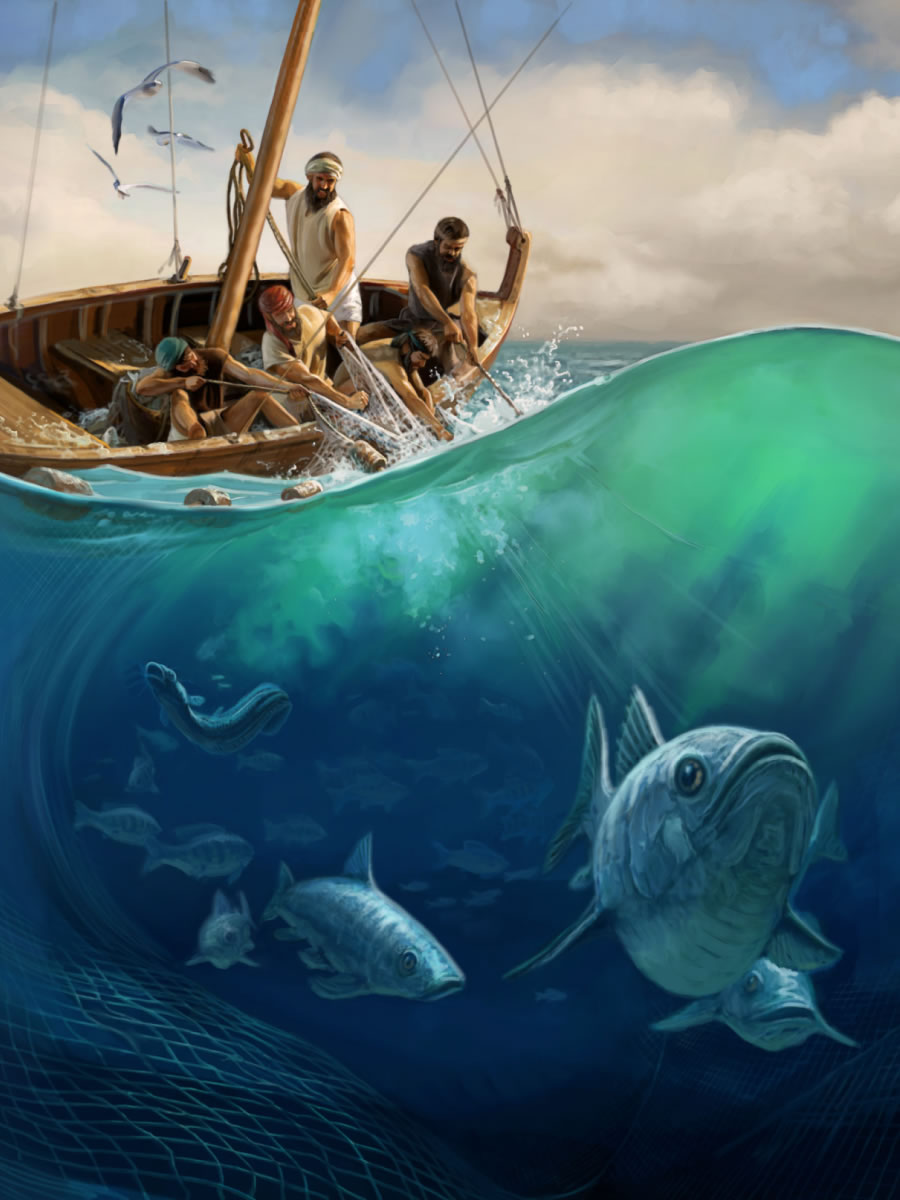 Fishermen pulling up a dragnet to gather fish from the sea