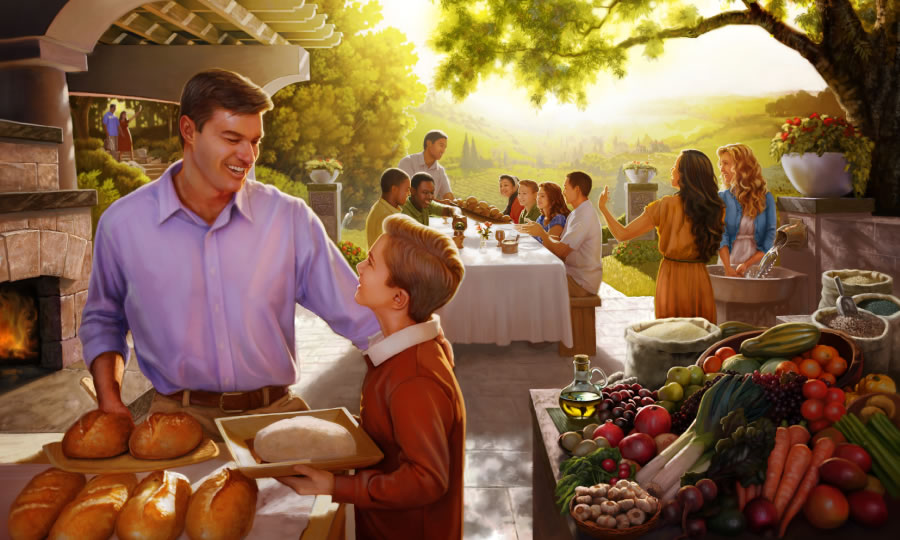 Jehovah’s people enjoying themselves under Kingdom rule in the future Paradise