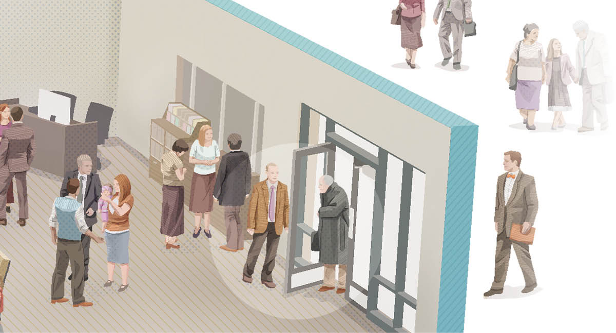  A male Witness holding a door open for an elderly man arriving at a meeting.