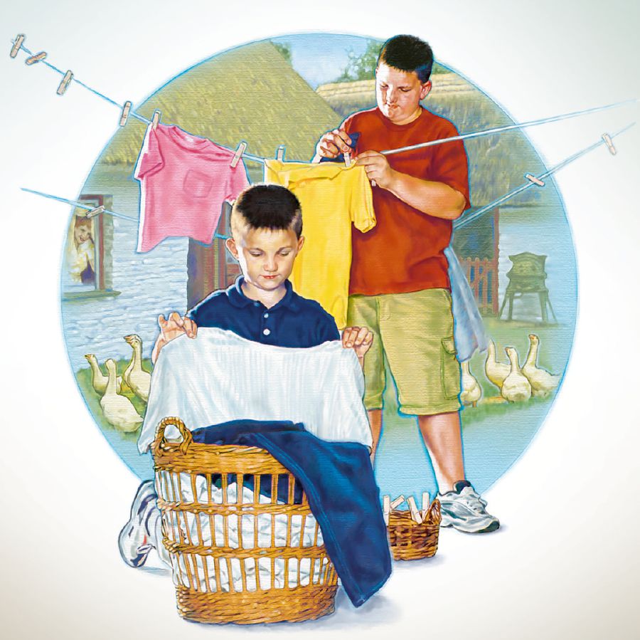 Two boys hang clothes on the line