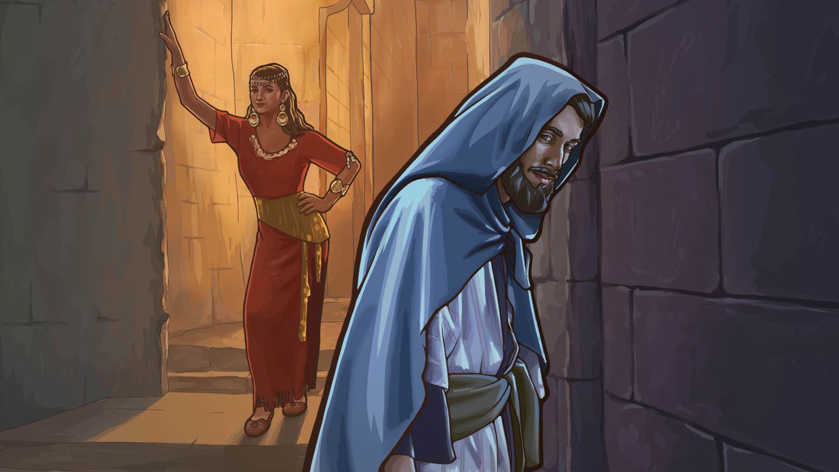 A prostitute woman in ancient times, standing at the entrance of her home as a young man walks by.