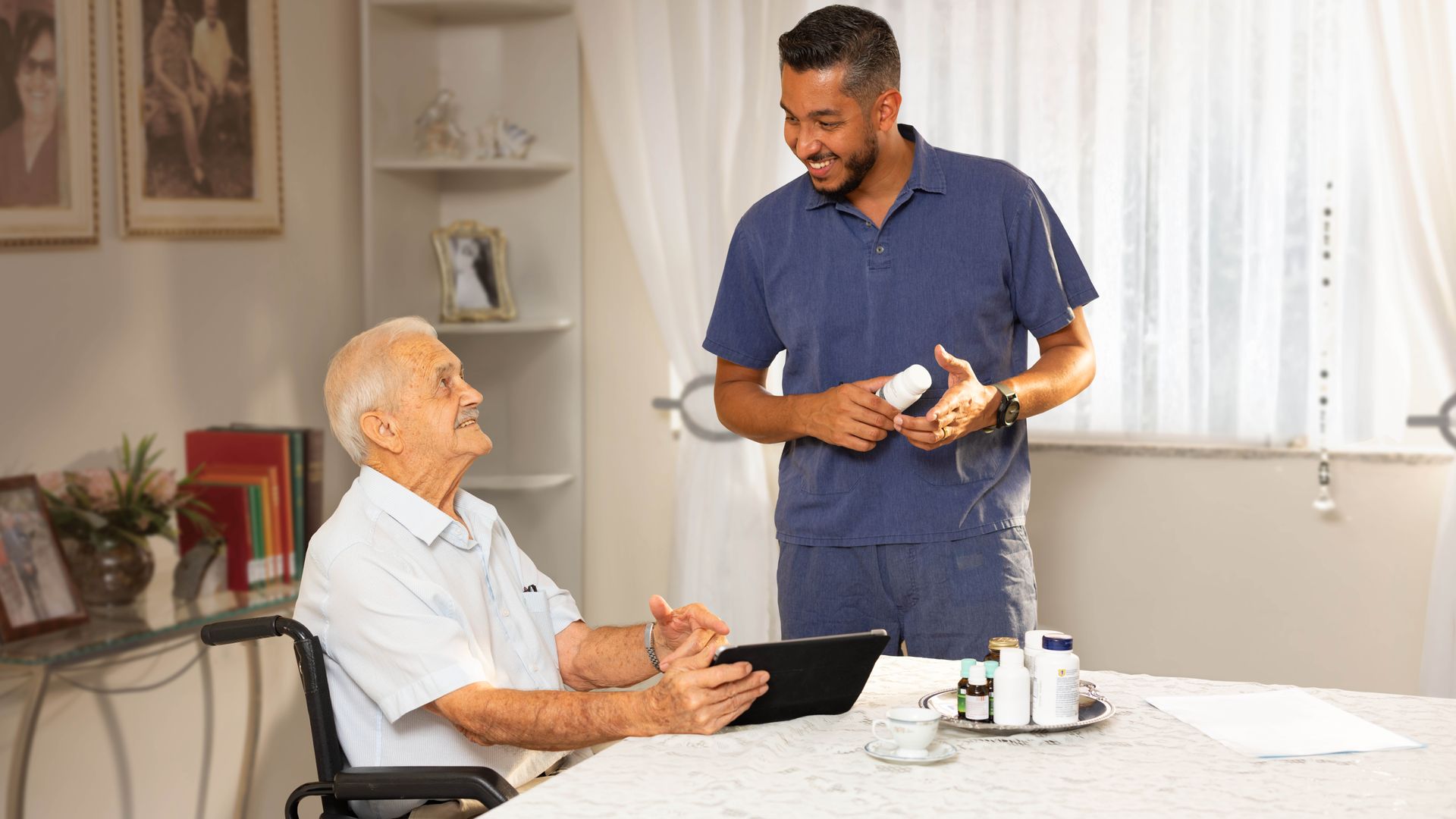 An elderly brother in a wheelchair, witnessing to his caregiver.