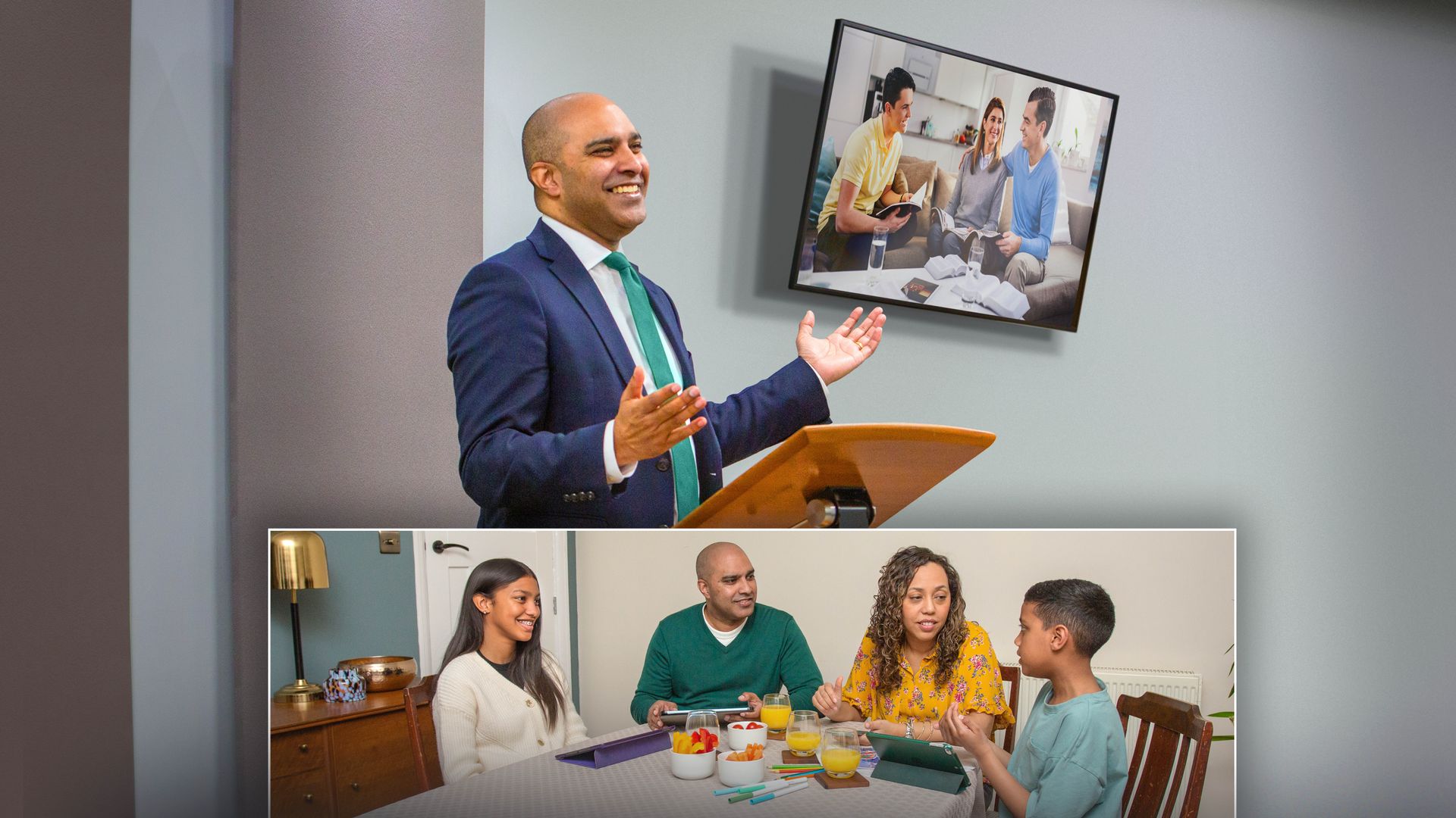 Collage: 1. A brother presents a part at the meeting. Beside him a TV monitor displays an image of a family enjoying family worship. 2. The same brother enjoys family worship with his own family.